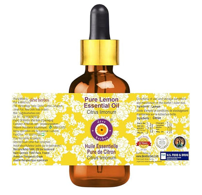 Deve Herbes Pure Lemon Essential Oil (Citrus limonum) with Glass Dropper Steam Distilled 100ml (3.38 oz)