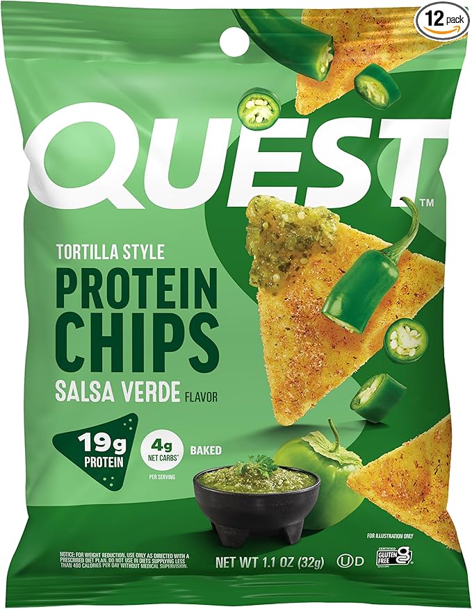Quest Nutrition Tortilla Style Protein Chips, Salsa Verde, 19g of Protein, 4g Net Carbs, Gluten Free, 1.1 Ounce (Pack of 12)