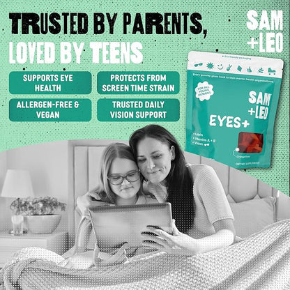 SAM+LEO Eye Vitamin Gummies with Lutein & Zeaxanthin for Kids & Teens - Eye & Vision Health Support Supplement Gummies + Vitamins A, E, & C | Vegan & Gluten Free Supplement - Orange Flavor (60 ct)