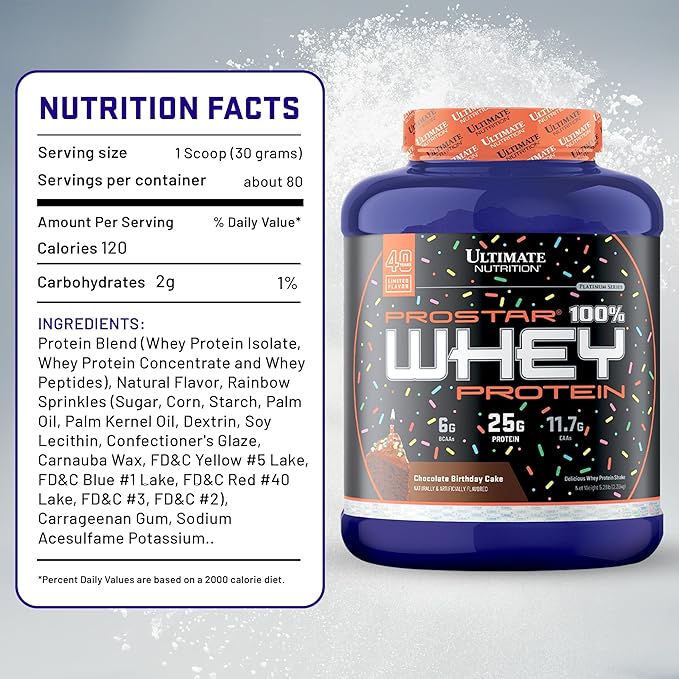 Ultimate Nutrition Prostar Whey Protein Powder Isolate, Chocolate Birthday Cake - Low Carb, High Protein Powder Shake for Muscle Gain & Recovery - Low Sodium, Low-Fat & Keto Friendly - 5.28 lbs Tub