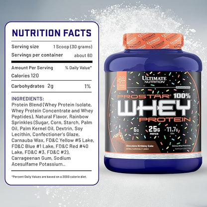 Ultimate Nutrition Prostar Whey Protein Powder Isolate, Chocolate Birthday Cake - Low Carb, High Protein Powder Shake for Muscle Gain & Recovery - Low Sodium, Low-Fat & Keto Friendly - 5.28 lbs Tub