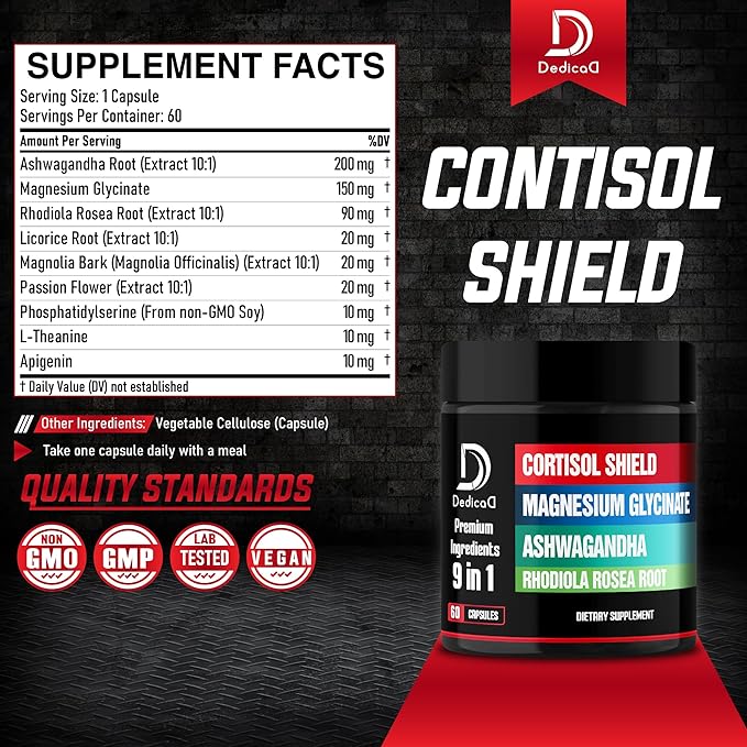 9in1 Cortisol Shield - Magnesium Glycinate & Ashwagandha with Rhodiola, Phosphatidylserine, Passion Flower, L-Theanine, Apigenin, Licorice, Magnolia - Rest Well & Mood Balance - 60 Count