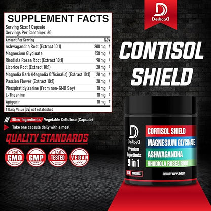 9in1 Cortisol Shield - Magnesium Glycinate & Ashwagandha with Rhodiola, Phosphatidylserine, Passion Flower, L-Theanine, Apigenin, Licorice, Magnolia - Rest Well & Mood Balance - 60 Count