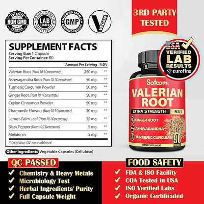 Satoomi Valerian Root Capsules - 9 Natural Herbs - Ashwagandha, Turmeric, Ginger, Ceylon Cinnamon - 90 Caps for 3-Month Supply