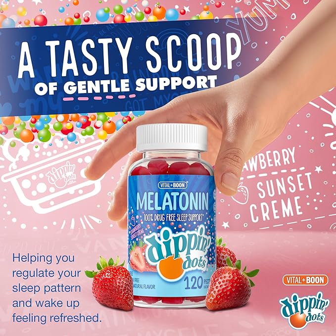 Dippin Dots - Melatonin Gummies for Kids & Adults (60 Days Supply) Strawberry Sunset Creme Flavor | 2.5mg Per Kids Melatonin Supplement for Faster, Longer Sleep | Gummies for Children (120 Count)