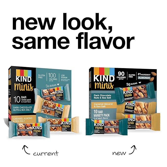 KIND Minis Snack Bars,Dark Chocolate Nuts & Sea Salt and Caramel Almond & Sea Salt,3g Sugar,Gluten Free Bars,Variety Pack,0.7 OZ,20 Count (Pack of 2)