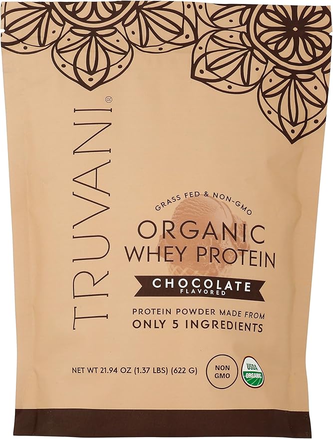 Truvani Organic Whey Protein Powder | Chocolate | 20g Grass Fed Whey Protein | 20 Servings | USDA Organic & Non-GMO | Gluten Free | No Gums, No Soy, No Stevia, No Added Sugars