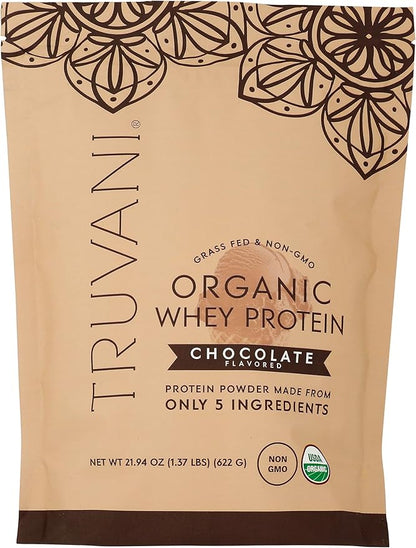 Truvani Organic Whey Protein Powder | Chocolate | 20g Grass Fed Whey Protein | 20 Servings | USDA Organic & Non-GMO | Gluten Free | No Gums, No Soy, No Stevia, No Added Sugars