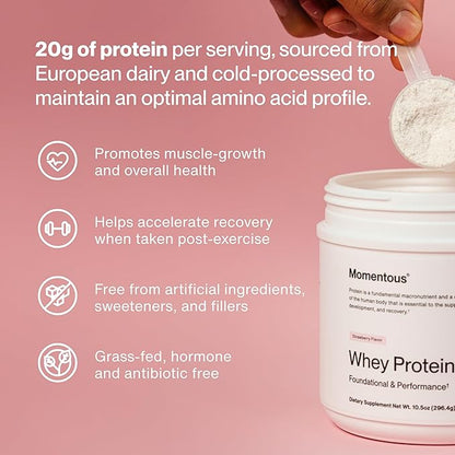 Momentous Essential Grass-Fed Whey Protein Powder - 20 g Whey Isolate Protein - NSF Certified for Sport - Gluten-Free - 12 Servings for Essential Everyday Use - Strawberry - Package May Vary
