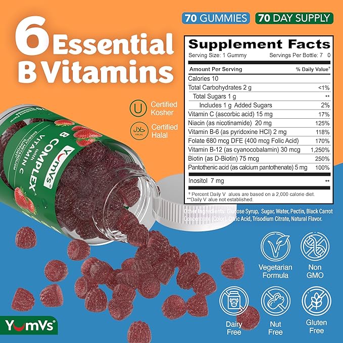 B Complex Gummies with Vitamin C – Great Tasting 1 a Day Energy & Nervous System Support for Adults – Vegan, Kosher, Non-GMO Vitamin B Complex Gummies with B12, B6, Niacin & Folic Acid – 70 Count