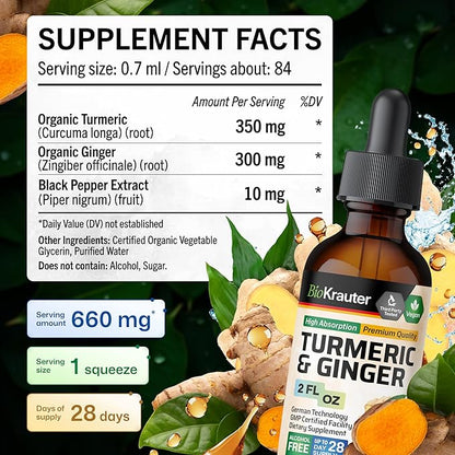 BIO KRAUTER® Turmeric and Ginger Supplement - Pure Vegan Liquid Turmeric & Ginger Tincture with Pepper 2 Fl.Oz 28 Days of Supply - Curcumin Drops for Joint Support, Antioxidant & Immune Support