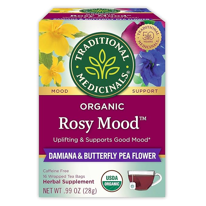 Traditional Medicinals Organic, Rosy Mood, Damiana & Butterfly Pea Flower - Uplifting Mood Support - Kosher, Non-GMO, Caffeine-Free, Compostable - 16 Tea Bags
