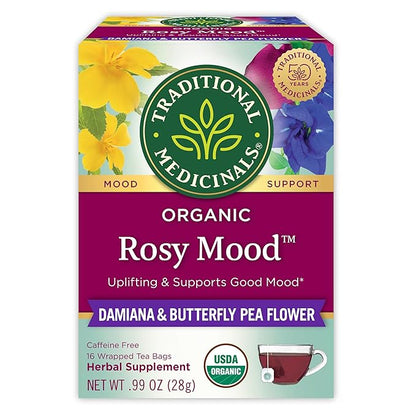 Traditional Medicinals Organic, Rosy Mood, Damiana & Butterfly Pea Flower - Uplifting Mood Support - Kosher, Non-GMO, Caffeine-Free, Compostable - 16 Tea Bags