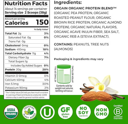 Orgain X Justin's ® Organic Vegan Nut Butter Protein Powder, Vanilla Almond Butter- 20g Plant Protein, 1g Sugar, Gluten Free, No Dairy, Soy Ingredients, or Artificial Flavors, 1.17 lb