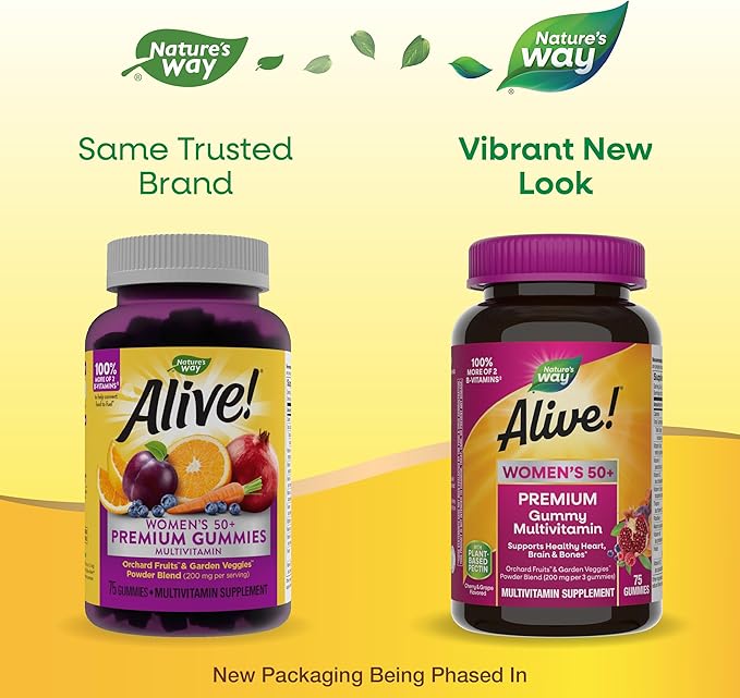 Nature’s Way Alive! Women's 50+ Premium Gummy Multivitamin Supplement, Supports Heart, Brain & Bones*, B-Vitamins, Vegetarian, Grape and Cherry Flavored Gummy Vitamins, 75 Gummies (Packaging May Vary)