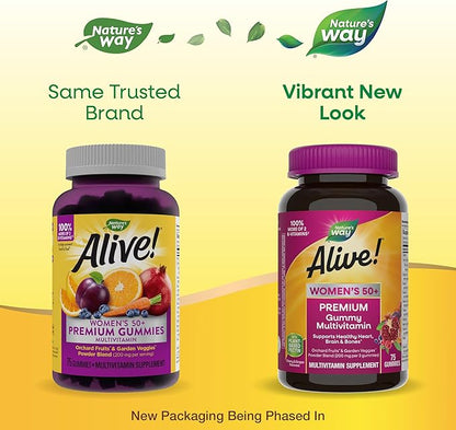 Nature’s Way Alive! Women's 50+ Premium Gummy Multivitamin Supplement, Supports Heart, Brain & Bones*, B-Vitamins, Vegetarian, Grape and Cherry Flavored Gummy Vitamins, 75 Gummies (Packaging May Vary)