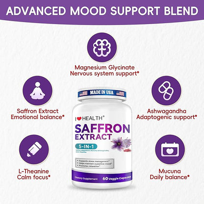 Saffron Supplement – 88.5mg with Magnesium Glycinate, Ashwagandha & L-Theanine for Stress Relief, Calm Mood & Emotional Balance – Made in USA – 60 Capsules