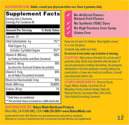 Nature Made Advanced Hair Skin and Nails Gummies, Biotin, Pro Retinol A, Niacinamide, Vitamin C & Vitamin E, 80 Gummies, 40 Day Supply