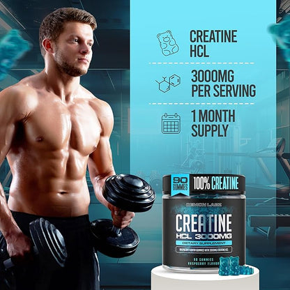 Creatine HCl 3000mg Per Serving - Raspberry Flavor - Vegan Gummies (90 Count, Single Pack)