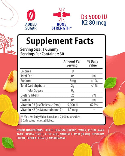 SUNNY SAM Sugar-Free Vitamin D3 K2 Gummies 5000 IU - Immune & Bone Support - Vitamin D Gummy Supplement for Adults - High-Absorption, Vegan, Halal, Gluten-Free Chewable Vitamins - 30 Count
