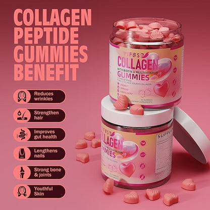 VIFSSG Collagen Peptide Gummies for Women,60 Gummies Sugar-Free Hydrolyzed, Extra Strength 2500mg Protein Type I,II,III,V,X with 15000mcg Biotin and Vitamin A B6 B12 C D E for Hair Skin Nail