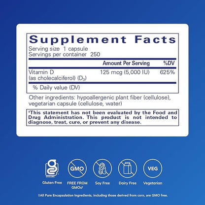 Pure Encapsulations Vitamin D3 125 mcg (5,000 IU) - Supplement to Support Bone, Joint, Breast, Heart, Colon, and Immune Health* - with Vitamin D - 250 Capsules