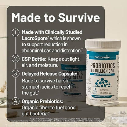 NatureWise Probiotics 60 Billion CFU - 17 Strains + Organic Prebiotics - Immune, Digestive & Gut Health Support for Women & Men - Vegetarian, Gluten-Free, Non-GMO - 30 Capsules[1-Month Supply]
