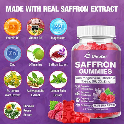 Max Strength Saffron Gummies 88.5mg with Magnesium, St. John's Wort & Rhodiola for Mood Support, Focus - Sugar-Free, 60 Count