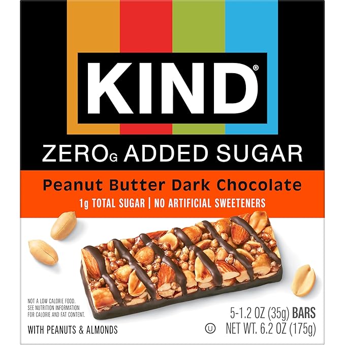 Kind Zero Added Sugar Healthy Snacks Bars, Peanut Butter Dark Chocolate, Gluten Free, High Fiber, Keto Snacks, 5g Protein, 5 Count