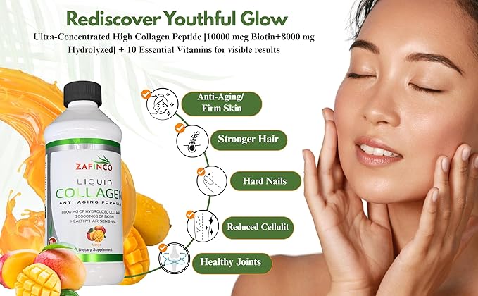 Best liquid collagen (mango flavor) US made & Lab tested sugar free premium peptides for women & men. powerful 10000 mcg Biotin+ 8000 mg hydrolyzed for anti aging glowing skin hair, nail+ joint-16floz