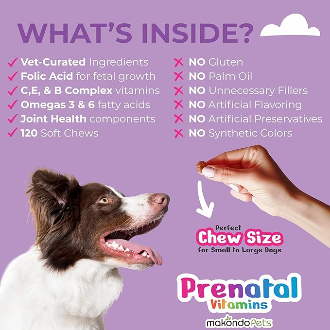 Dog Prenatal Vitamins – 120 Soft Chews Multivitamin, Folic Acid, Zinc, B-Complex, DHA & EPA Omegas and Probiotics Supplement for Pregnant, Nursing Breastfeeding pet – Mom & Puppy Vitamin Formula.