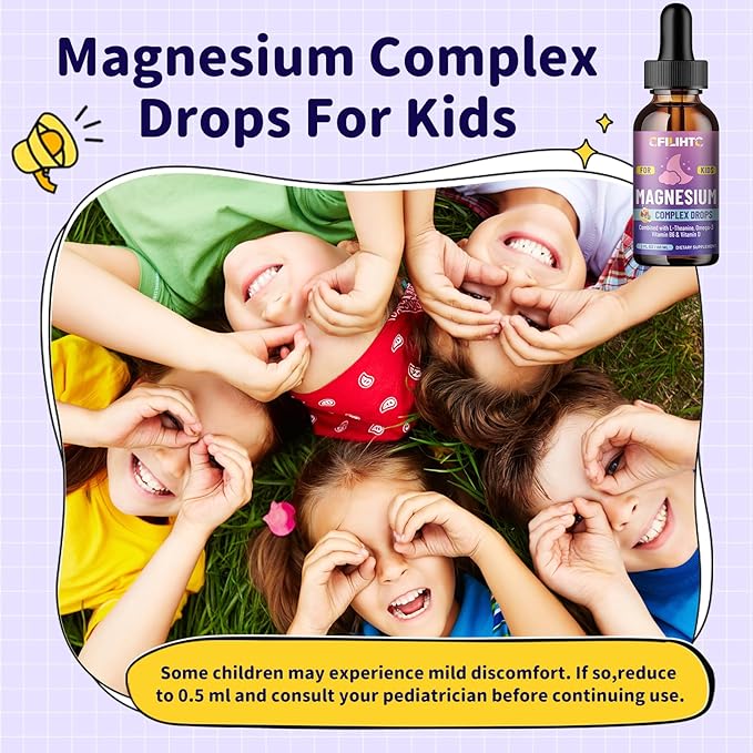 Kids Magnesium Liquid Drops-Magnesium Glycinate Liquid for Kids Supplement-w/L-theanine, Omega-3, Vitamin B6, D3 - for Sleep, Relaxation, Brain, Bones - Mixed Berry Flavor, 2 Fl Oz
