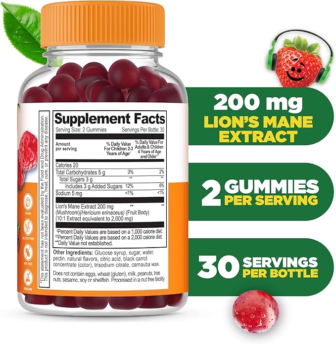 Lifeable Lions Mane Gummies for Kids | Great Tasting Lions Mane Mushroom Supplement | Vegan, Kosher, Non-GMO Kids Mushroom Gummies | Brain Support | 60 Count