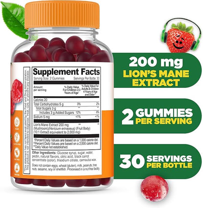 Lifeable Lions Mane Gummies for Kids | Great Tasting Lions Mane Mushroom Supplement | Vegan, Kosher, Non-GMO Kids Mushroom Gummies | Brain Support | 60 Count