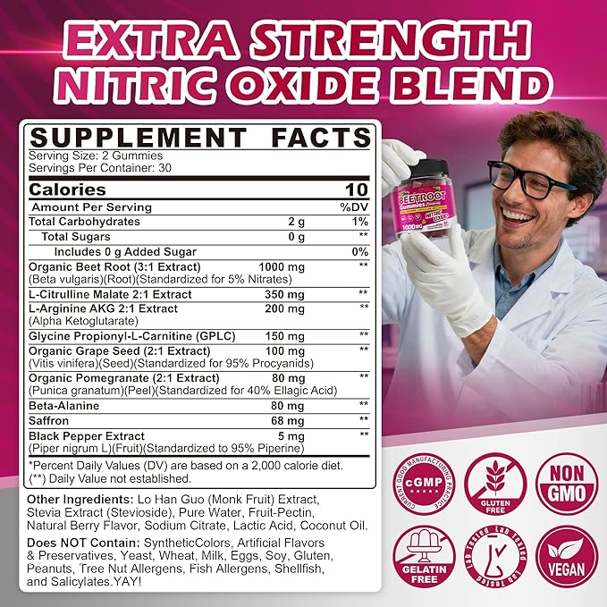 Organic Beet Root Gummies with L-Citrulline & L-Arginine, Nitric Oxide Supplements for Men and Women, Grape Seed, Pomegranate, Saffron for Circulation, Vâsculâr & Vitality, Vegan, Sugar Free, 120 Cts