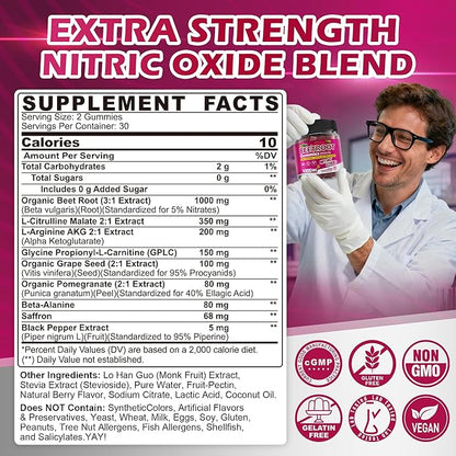 Organic Beet Root Gummies with L-Citrulline & L-Arginine, Nitric Oxide Supplements for Men and Women, Grape Seed, Pomegranate, Saffron for Circulation, Vâsculâr & Vitality, Vegan, Sugar Free, 120 Cts
