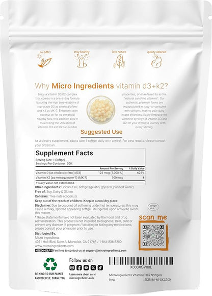 Micro Ingredients Vitamin D3 5,000 IU + K2 MK-7 100 mcg, 300 Softgels | Virgin Coconut Oil | 2-in-1 Support | Easy to Swallow, Non-GMO