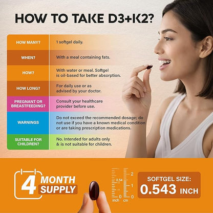 Vitamin D3 K2 - Vitamin D3 10000 iu & K2 120 mcg - Immune & Mood Support, for Bone & Teeth Health - with Zinc, Vitamin C & B12 - Highly Bioavailable - For Men & Women - Made in USA, 120 Softgels