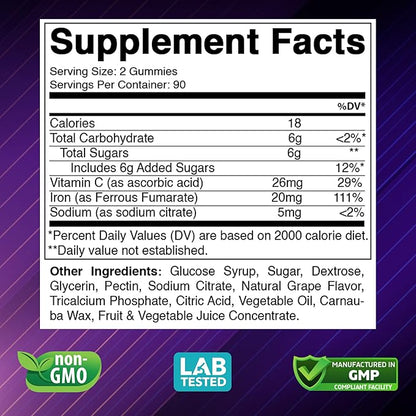 Vitabod Iron Gummies Supplement for Women, Men & Kids - 20mg - with Vitamin C - Dietary Supplement for Red Blood Cell Support, 180 Pectin Based Gummies