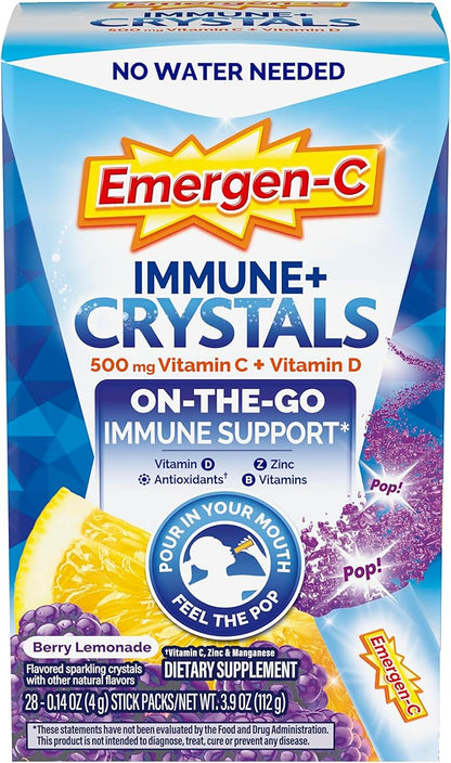 Emergen-C Immune Plus Crystals, On-The-Go Immune Support Supplement with Vitamin C, Vitamin D, B Vitamins, Zinc and Manganese, Berry Lemonade - 28 Stick Packs
