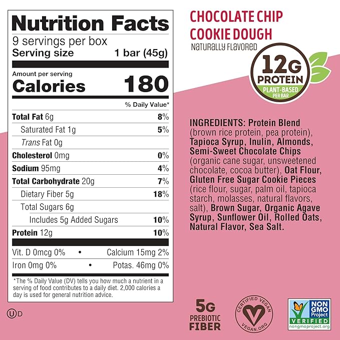 Lenny & Larry's Cookie-fied Bar – Chocolate Chip Cookie Dough Vegan Protein Bars 9x45g – Healthy Snacks with 12g Plant Protein & 5g Fiber – Gluten-Free Power Bar, Non-GMO & Vegan
