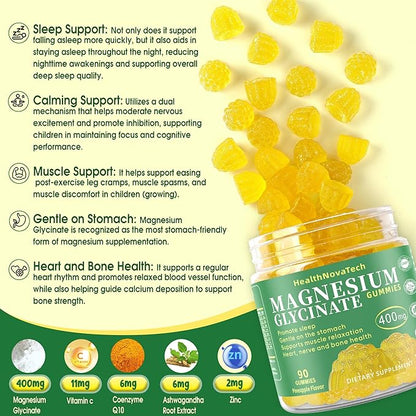 Magnesium Glycinate Gummies 400mg with Ashwagandha, CoQ10, Zinc & Vitamin C - Women Men Adults & Kids 4+ - Sugar Free Vegan Gummies for Sleep, Relaxation & Stress Relief-Pineapple Flavor, 90 Count