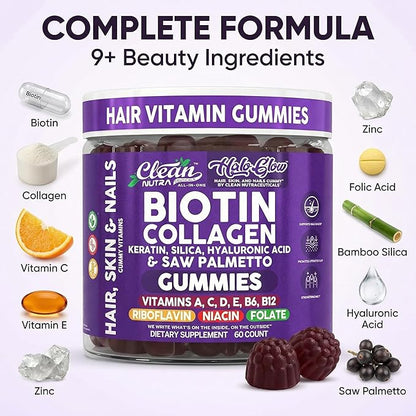 Clean Nutra Biotin Gummies | Collagen, Hyaluronic Acid, Keratin Hair Vitamins Supplement - Hair Growth Support, Skin & Nails - Vitamins C, D, E, B6 & B12 - US Made for Women & Men | 60 Gummy Count