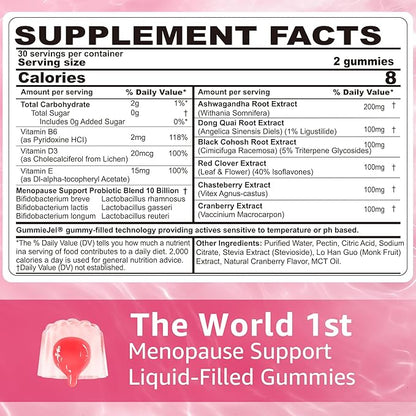 Menopause Probiotics Filled Gummies for Women, Sugar Free Menopause Supplement Gummy with Ashwagandha, Dong Quai & Black Cohosh for Hot Flashes, Night Sweats, Mood Swings, Gut Health - Vegan, 120Cts