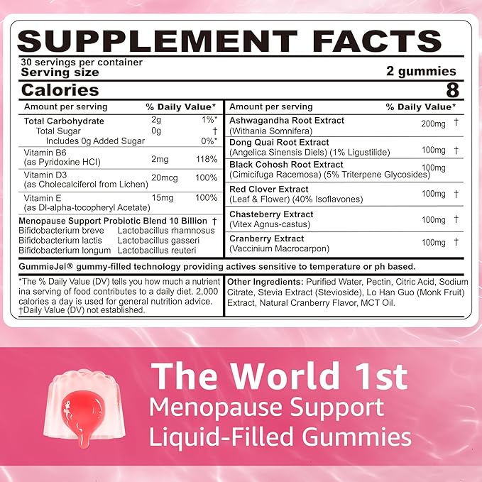 Menopause Gummies Supplement for Women w/ Red Clover, Black Cohosh for Hot Flashes, Menopause Support Vitamins + Ashwagandha Probiotics, Over 50 Hormone Support Balance Gummies Sugar Free, Vegan 60ct