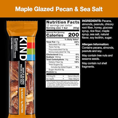 KIND Nut Bars,Maple Glazed Pecan & Sea Salt,Healthy Snacks,Gluten Free,Low Sugar,5g Protein,(Pack of 24)