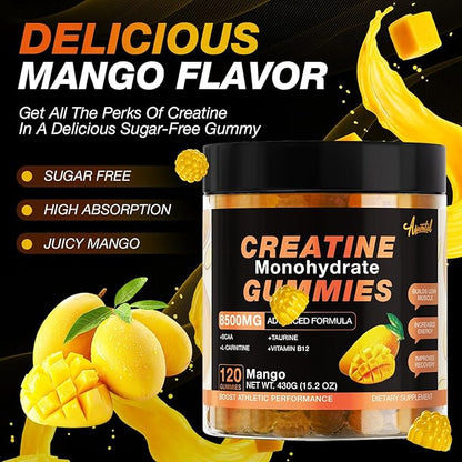 Creatine Monohydrate Gummies 8500 MG for Men and Women, Creatine Monohydrate Supplement for Muscle Growth, Strength & Energy Support, Pre Workout Gummies 120 Count Mango Flavor