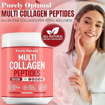 Purely Optimal Collagen Peptides Powder - 5 Types Hydrolyzed Collagen Peptides with Biotin, B12, & Hyaluronic Acid for Hair, Skin, Nails, Bones & Joints - Unflavored, Easy Mixing, 16oz, 42 Servings