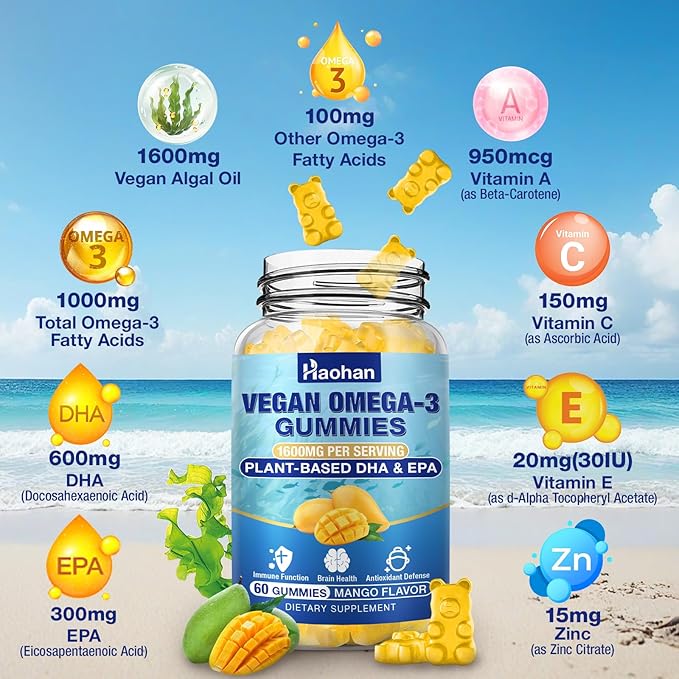 Omega-3 Gummies for Adults, Orange Flavor – Sugar-Free, Algae-Derived DHA 600mg & EPA 300mg, with Vitamins A, C, E, Zinc, 60 Gummies