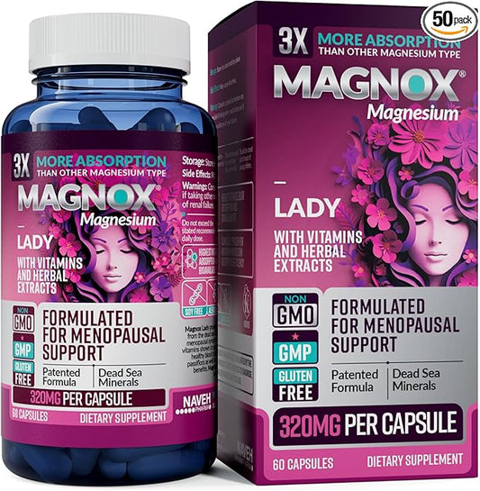 MAGNOX® Lady Magnesium Supplement | Menopause and PMS Support Supplement for Women | Magnesium Complex with Vitamins B6, B1, B12, D, Zinc | High-Absorption Dead Sea Organic Magnesium | 60 Capsules